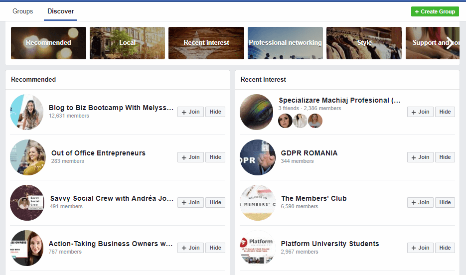 discover Facebook Groups recommendations