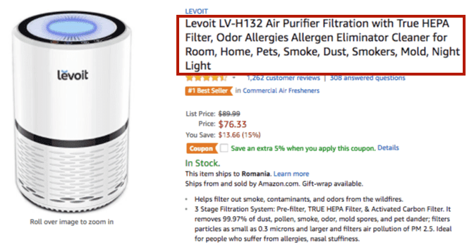 Amazon product listing optimized title screenshot