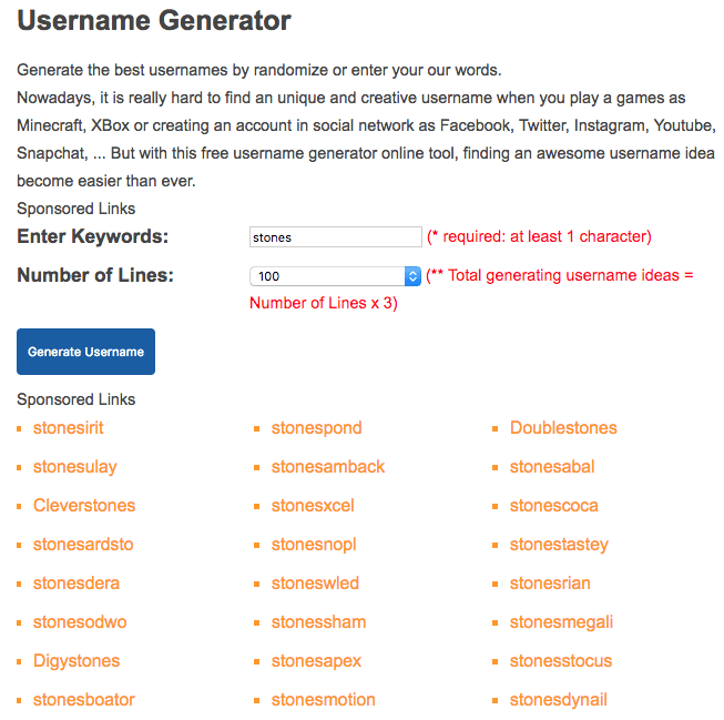 Username generator screenshot