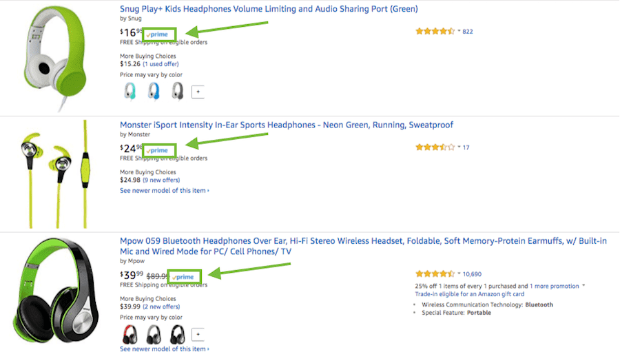 Amazon prime listings screenshot