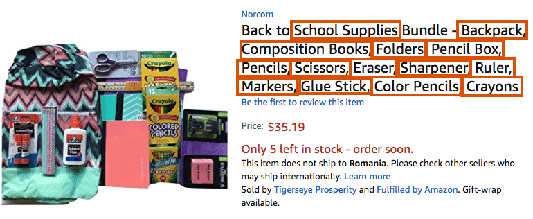 Bundle of school supplies with lots of keywords in title Amazon screenshot