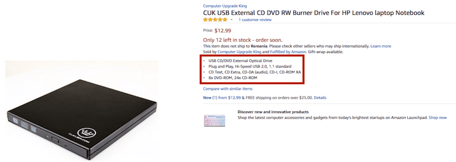 Amazon product listing - bad example of bullet points screenshot