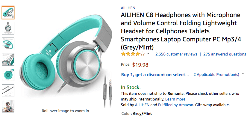 Amazon listing screenshot of headphones