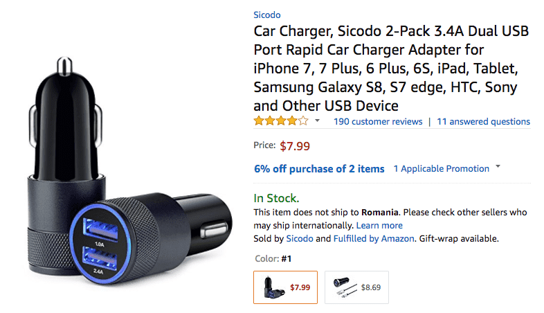 Multipack of 2 car chargers Amazon listing screenshot