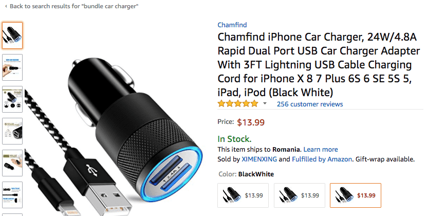 Bundle of car charger and cables Amazon screenshot