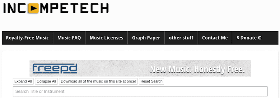 Incompetech screenshot - one of the best place to download free music online