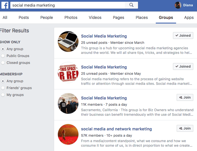 Facebook groups in search